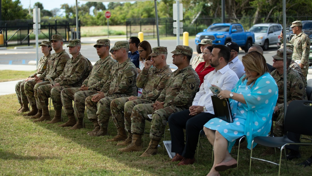 U.S. Army Reserve Brig. Gen. Eric Folkestad, 81st Readiness Division Commanding General, Rep. Jenniffer González Colón, U.S. Congresswoman for Puerto Rico, Hon. Omar J. Marrero, Secretary of State, among others distinguished visitors at the Aguadilla Army Reserve Center ribbon cutting ceremony, January 22,2023 in Puerto Rico.