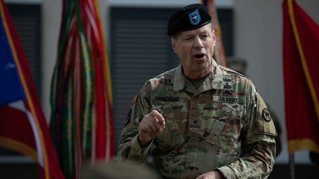 U.S. Army Reserve Brig. Gen. Eric Folkestad, Deputy Commanding General 81st Readiness Division, delivering his remarks at the Aguadilla Army Reserve Center ribbon cutting ceremony, Jan. 22,2023 in Puerto Rico.