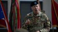 U.S. Army Reserve Brig. Gen. Eric Folkestad, Deputy Commanding General 81st Readiness Division, delivering his remarks at the Aguadilla Army Reserve Center ribbon cutting ceremony, Jan. 22,2023 in Puerto Rico.
