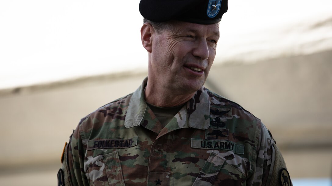 U.S. Army Reserve Brig. Gen. Eric Folkestad, deputy commanding general 81st Readiness Division, delivers remarks at the Aguadilla Army Reserve Center ribbon cutting ceremony, January 22,2023 in Puerto Rico