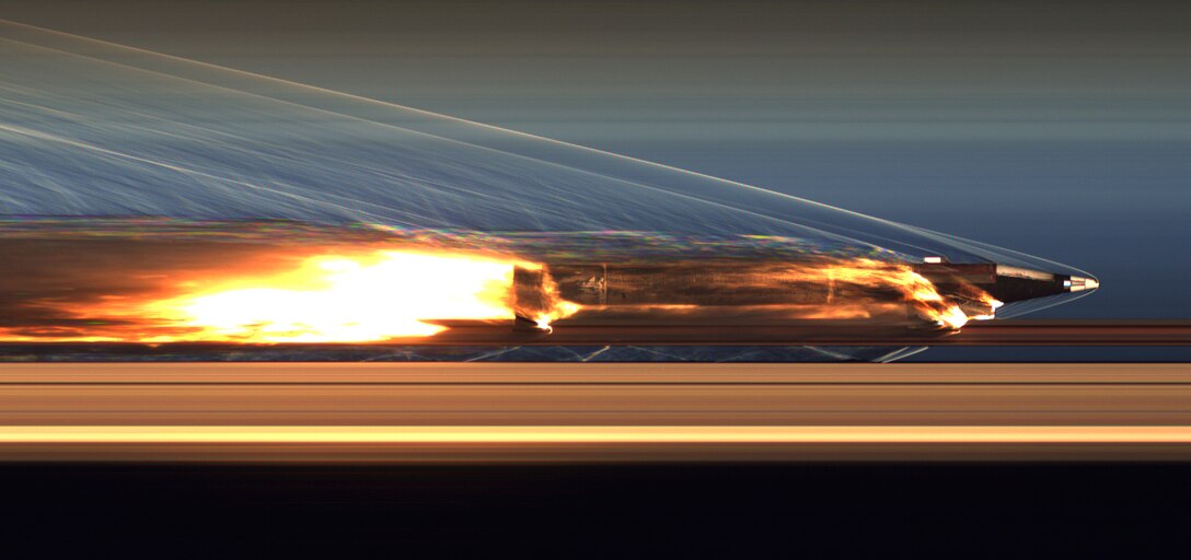 A projectile speeds on a track, creating flames in its wake.