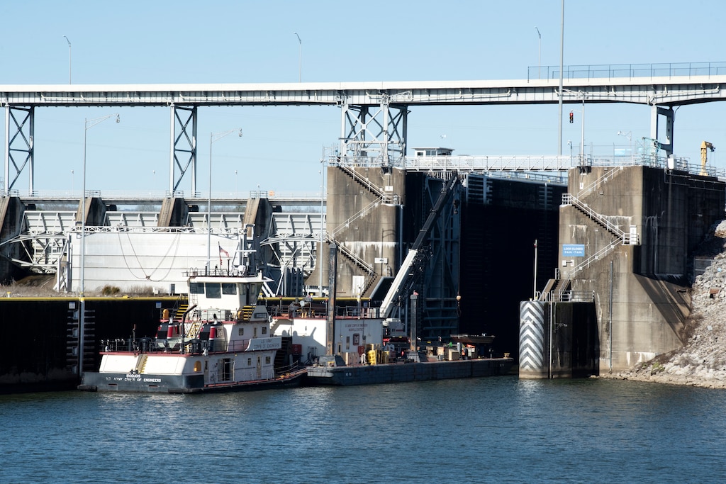 The U.S. Army Corps of Engineers Nashville District’s Maintenance Support Team onboard the Motor Vessel Iroquois is positioned on the downstream side of Watts Bar Lock on the Tennessee River in Decatur, Tennessee, to repair the needle-dam-girder beam slot Jan. 19, 2023. (USACE Photo by Lee Roberts)