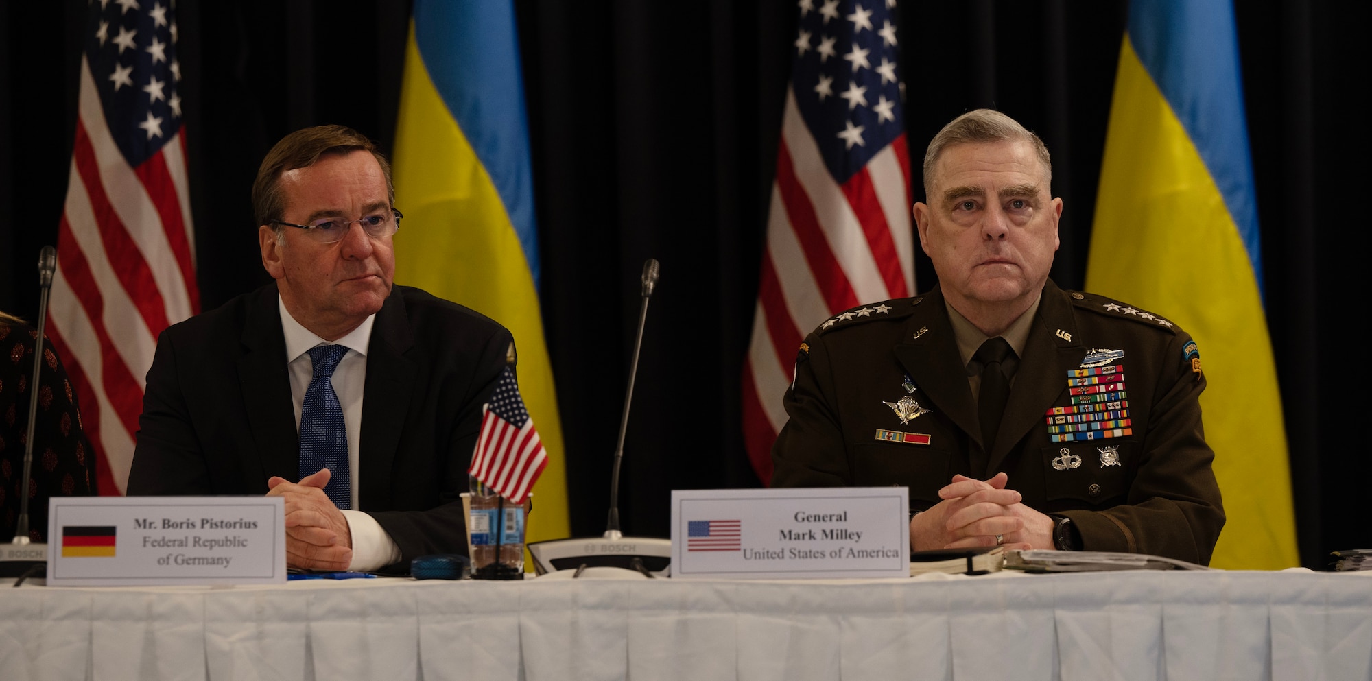 German Minister of Defence Boris Pistorius and U.S. Chairman of the Joint Chiefs of Staff Gen. Mark A. Milley attend the Ukraine Defense Contact Group meeting at Ramstein Air Base, Germany