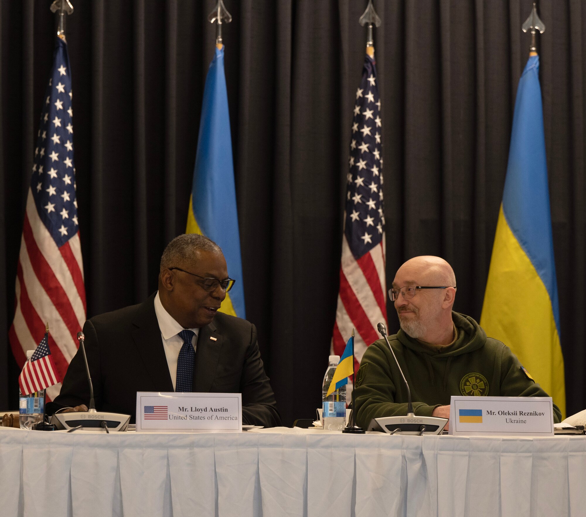 U.S. Secretary of Defense Lloyd J. Austin III and Ukrainian Minister of Defence Oleksii Reznikov attend the Ukraine Defense Contact Group meeting at Ramstein Air Base, Germany