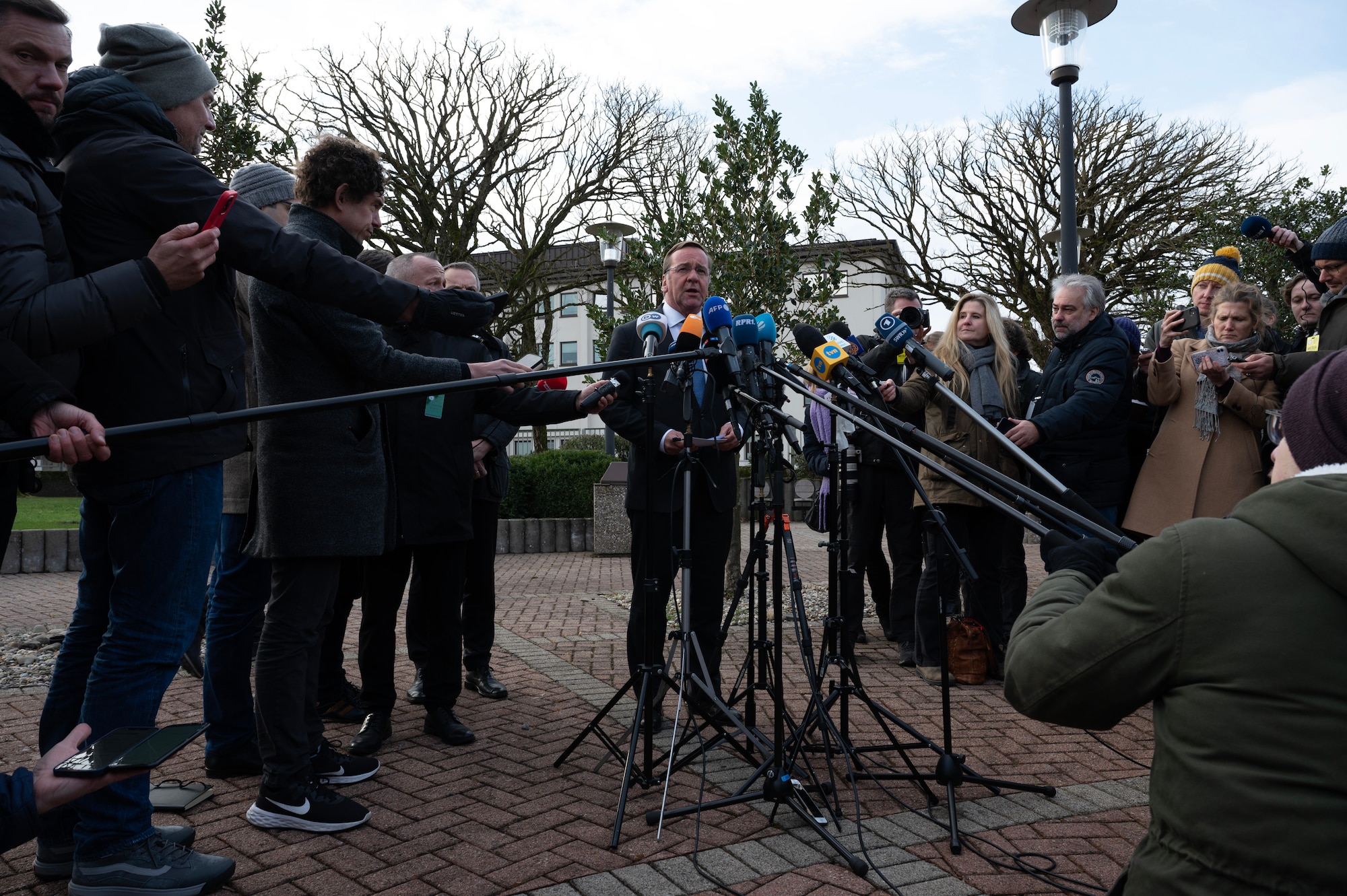 German Minister of Defence Boris Pistorius gives his first public remarks since being appointed defence minister at Ramstein Air Base, Germany