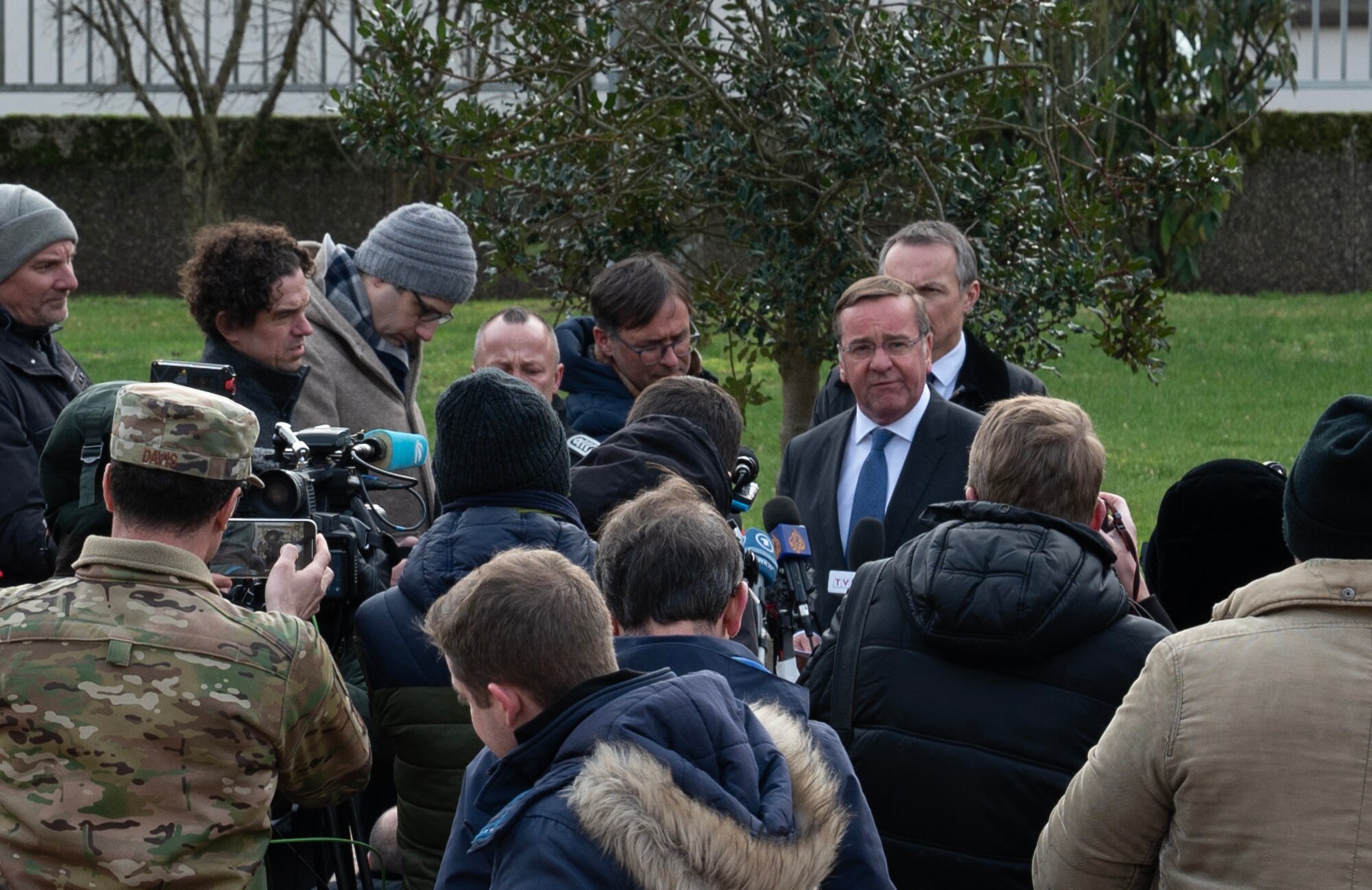 German Minister of Defence Boris Pistorius gives his first public remarks since being appointed defence minister at Ramstein Air Base, Germany