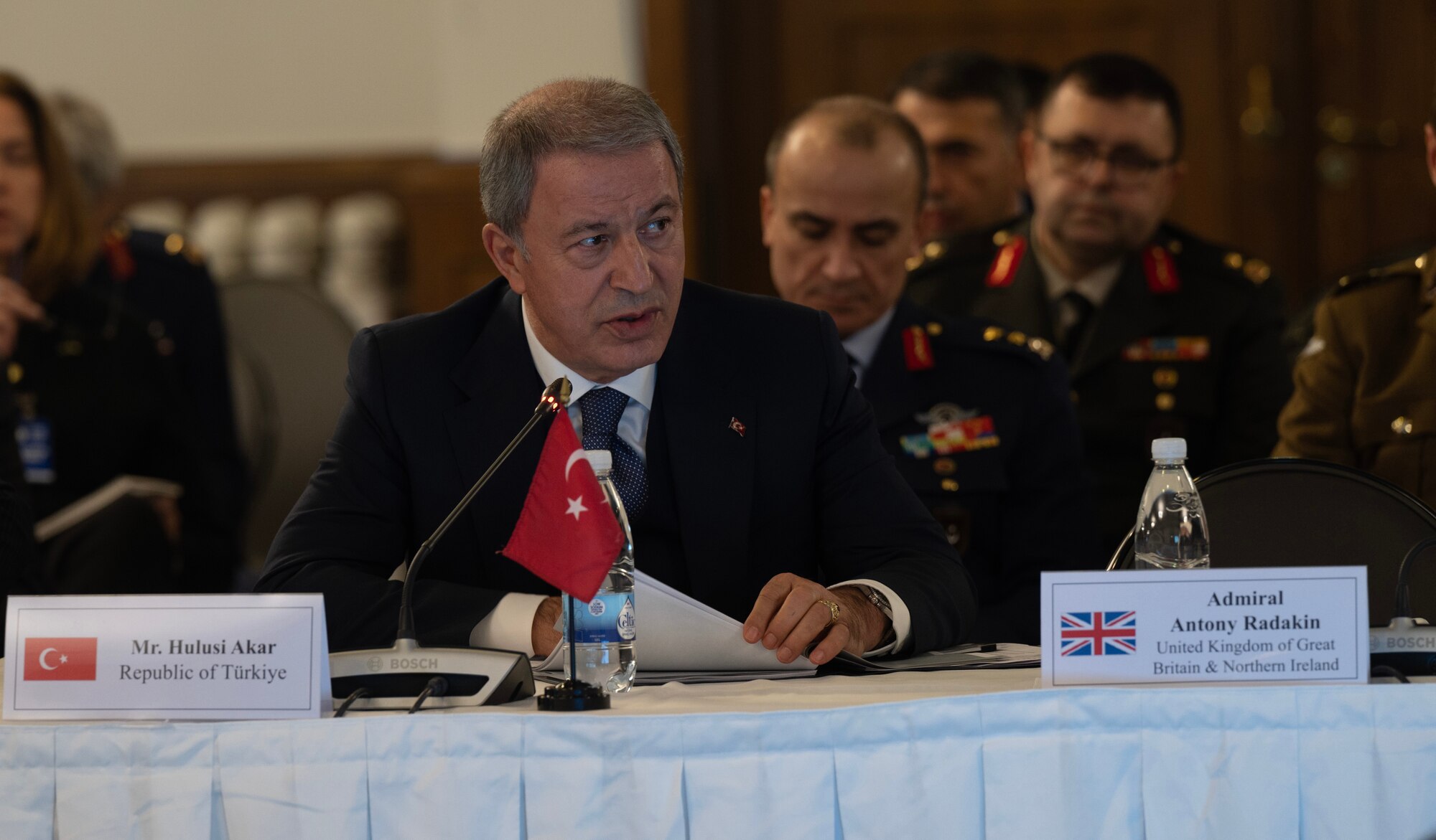 Turkish Minister of Defence Hulusi Akar speaks during the Ukraine Defense Contact Group at Ramstein Air Base, Germany