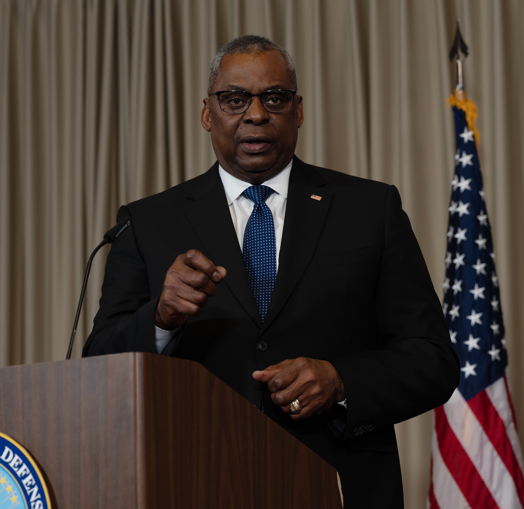 U.S. Secretary of Defense Lloyd J. Austin III speaks during a press conference