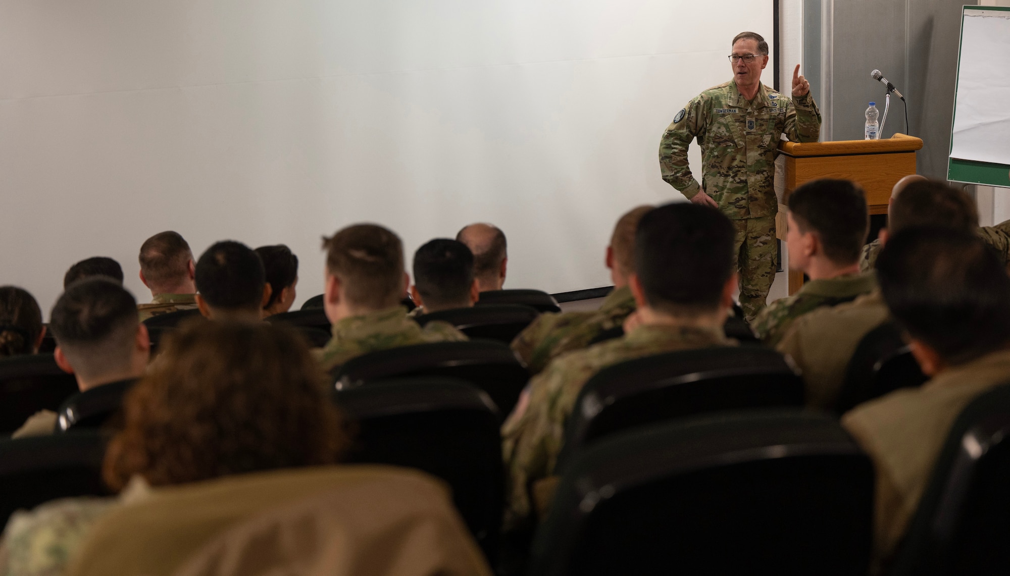 Chief Master Sergeant of the Space Force Roger A. Towberman answers questions from Airmen and Guardians Jan. 23, 2023 during a town hall at Ramstein Air Base, Germany