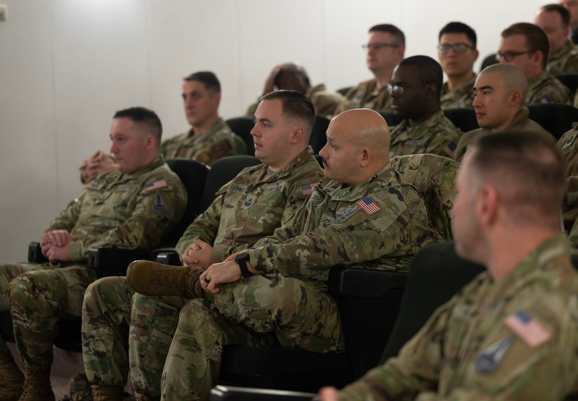 Over 60 Airmen and Guardians participate in a town hall Jan. 23, 2023 hosted by Chief Master Sergeant of the Space Force Roger A. Towberman at Ramstein Air Base, Germany