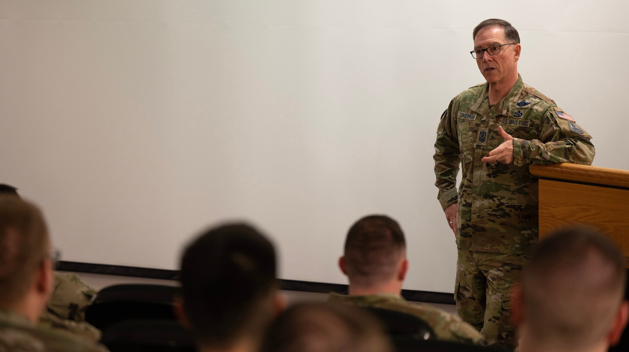 Chief Master Sergeant of the Space Force Roger A. Towberman answers questions during a town hall Jan. 23, 2023 at Ramstein Air Base, Germany
