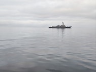 BALTIC SEA (Jan. 23, 2023) The Arleigh Burke-class guided-missile destroyer USS Roosevelt (DDG 80) transits alongside the Latvian patrol boat LV Viesite (P-07) during a passing exercise, Jan. 23, 2023.