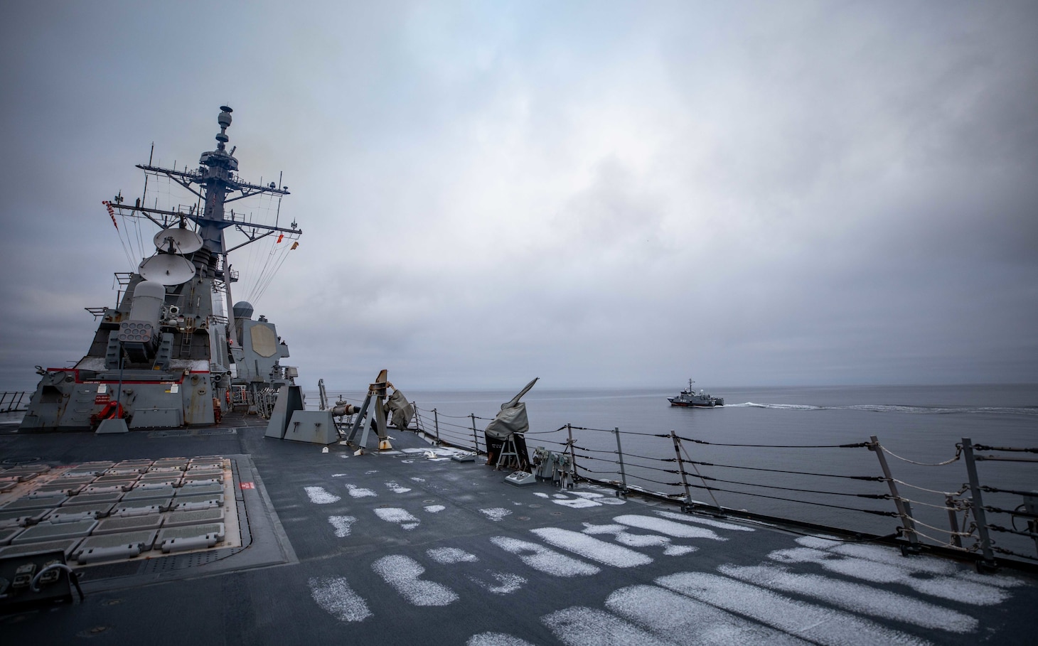 BALTIC SEA (Jan. 23, 2023) The Arleigh Burke-class guided-missile destroyer USS Roosevelt (DDG 80) transits alongside the Latvian patrol boat LV Viesite (P-07) during a passing exercise, Jan. 23, 2023.