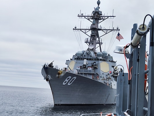 BALTIC SEA (Jan. 23, 2023) The Arleigh Burke-class guided-missile destroyer USS Roosevelt (DDG 80) transits alongside the Latvian patrol boat LV Viesite (P-07) during a passing exercise, Jan. 23, 2023.