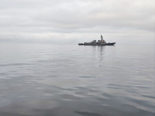 BALTIC SEA (Jan. 23, 2023) The Arleigh Burke-class guided-missile destroyer USS Roosevelt (DDG 80) transits alongside the Latvian patrol boat LV Viesite (P-07) during a passing exercise, Jan. 23, 2023.