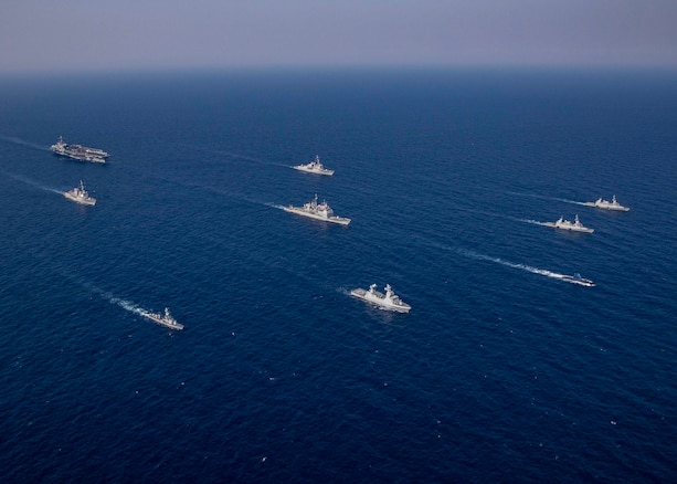 MEDITERRANEAN SEA (Jan. 24, 2023) The George H.W. Bush Carrier Strike Group sails in formation with the Israeli Navy during exercise Juniper Oak 2023-2, Jan. 24, 2023. Juniper Oak 23-2 is a bilateral military exercise, led by U.S. Central Command and the Israeli Defense Force, designed to enhance interoperability between the U.S. and Israel militaries. Juniper Oak 23-2 joins the long-standing “Juniper” series that the U.S. and Israel have conducted for more than 20-years. (U.S. Navy photo by Mass Communication Specialist 2nd Class Novalee Manzella)