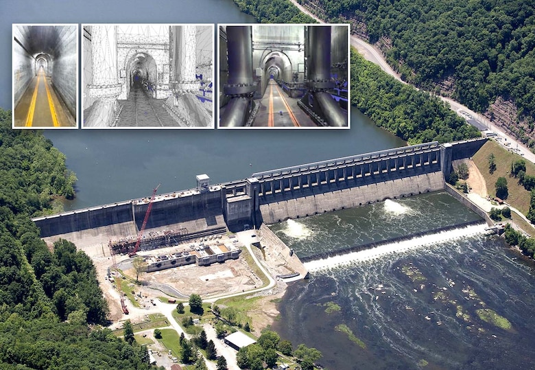 A picture of a flowing river in West Virginia with a Dam in the middle of it. There are three mini-images of 3D models that show corridors inside of the dam.