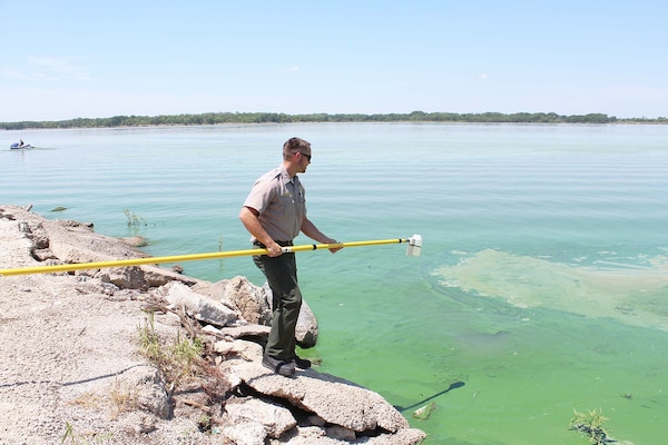 A man stands on the edge of a lake holding a yellow stick used to collected water samples. The lake is dark green from algal blooms.