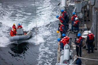 USS Roosevelt (DDG 80) conducts small boat operations in the Baltic Sea.