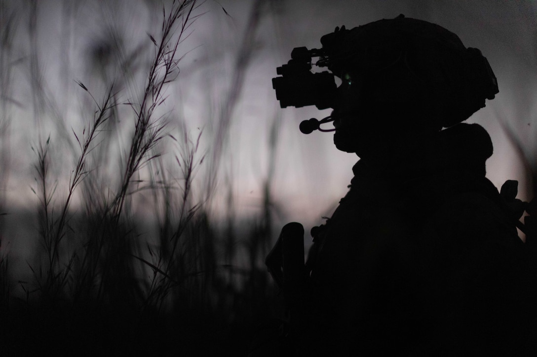A service member is shown close-up in silhouette seated in a grassy area.