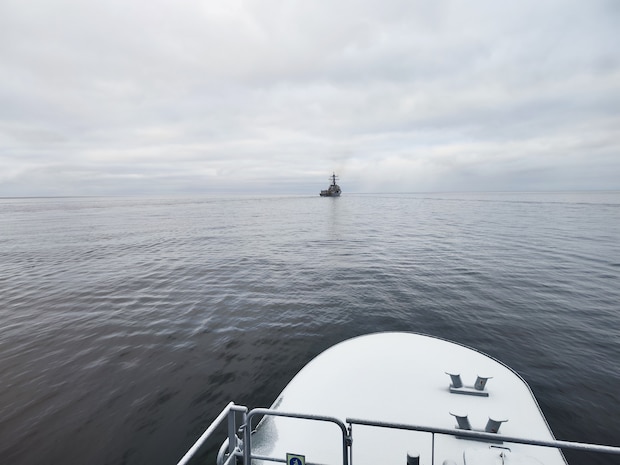 BALTIC SEA (Jan. 23, 2023) The Arleigh Burke-class guided-missile destroyer USS Roosevelt (DDG 80) transits alongside the Latvian patrol boat LV Viesite (P-07) during a passing exercise, Jan. 23, 2023.