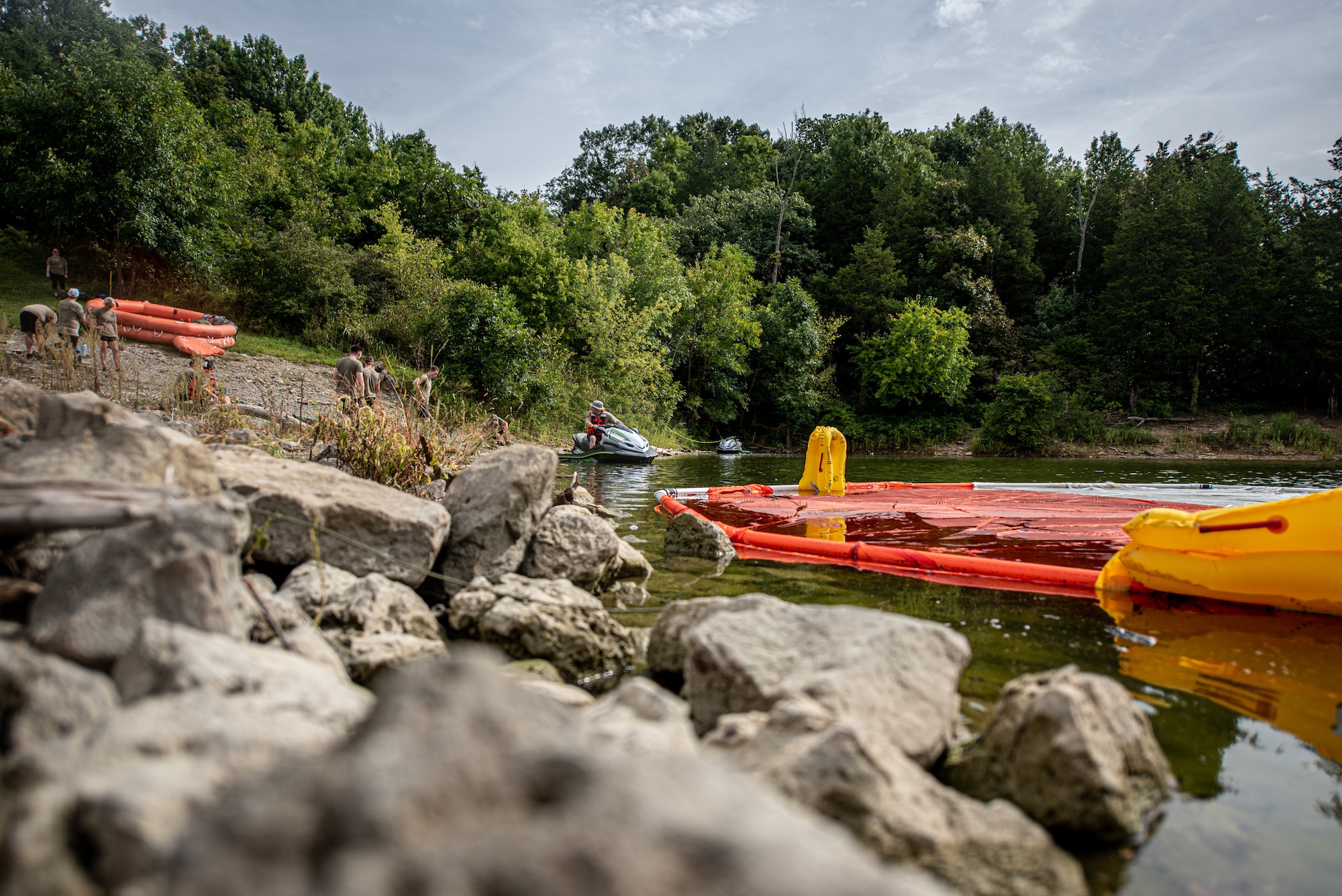 Aircrew flight equipment specialists from the Kentucky Air National Guard’s 123rd Operations Group prepare for water survival training at Taylorsville Lake in Spencer County, Ky., Sept. 10, 2022. The annual training refreshes aircrew members on skills learned during U.S. Air Force Survival School. (U.S. Air National Guard photo by Tech. Sgt. Joshua Horton)