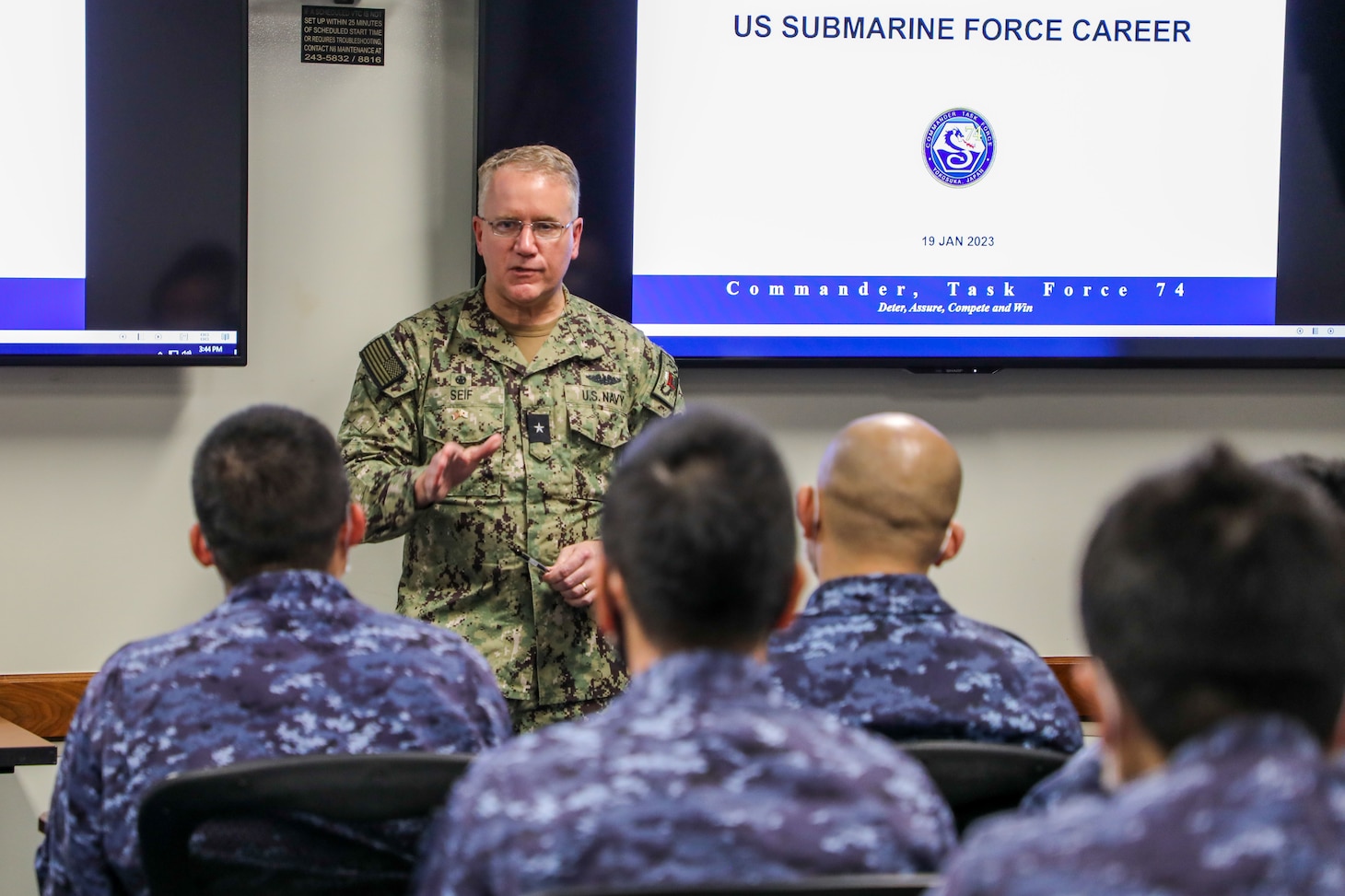 Rear Adm. Rick Seif, commander, Submarine Group (CSG) 7, briefs students of the Japan Maritime Self-Defense Force (JMSDF) Intermediate Submarine Officer’s Course on the importance of the bilateral operations between the U.S. and JMSDF undersea forces at CSG 7 on board Fleet Activities Yokosuka, Jan. 19. CSG 7 directs forward-deployed combat-capable forces across the full spectrum of undersea warfare throughout the Western Pacific, Indian Ocean and Arabian Sea.