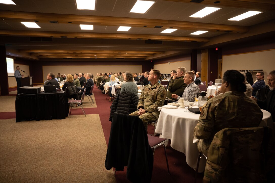 More than 100 area civic and business leaders joined Airmen from Ellsworth Air Force Base, S.D., to recognize individuals completing their terms in the Ellsworth Honorary Commanders Program and welcome 11 new inductees during a special luncheon at The Monument in Rapid City, S.D., Jan. 18. The 28th Bomb Wing commander selects who participates in the program and which Ellsworth unit they will be assigned to for a two-year term. Currently there are 26 area civic and business leaders enrolled in the program. (U.S. Air Force photo by Senior Airman Austin McIntosh)