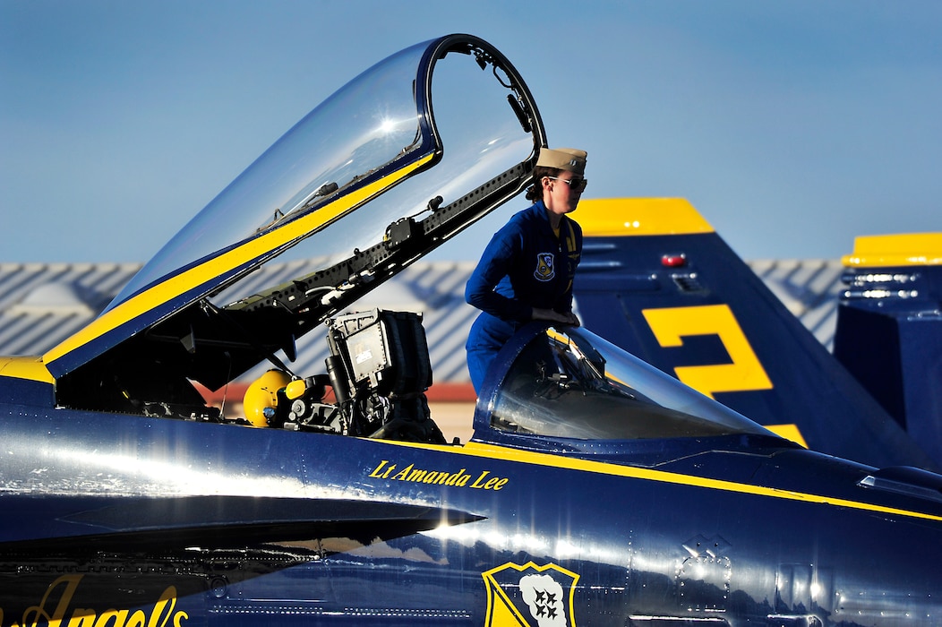 Left wing pilot, Lt. Amanda Lee, assigned to the U.S. Navy Flight Demonstration Squadron, the Blue Angels, prepares for takeoff prior to a training flight over Naval Air Facility (NAF) El Centro.