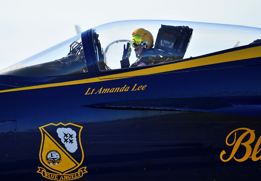 Left wing pilot, Lt. Amanda Lee, assigned to the U.S. Navy Flight Demonstration Squadron, the Blue Angels, prepares for takeoff prior to a training flight over Naval Air Facility (NAF) El Centro.