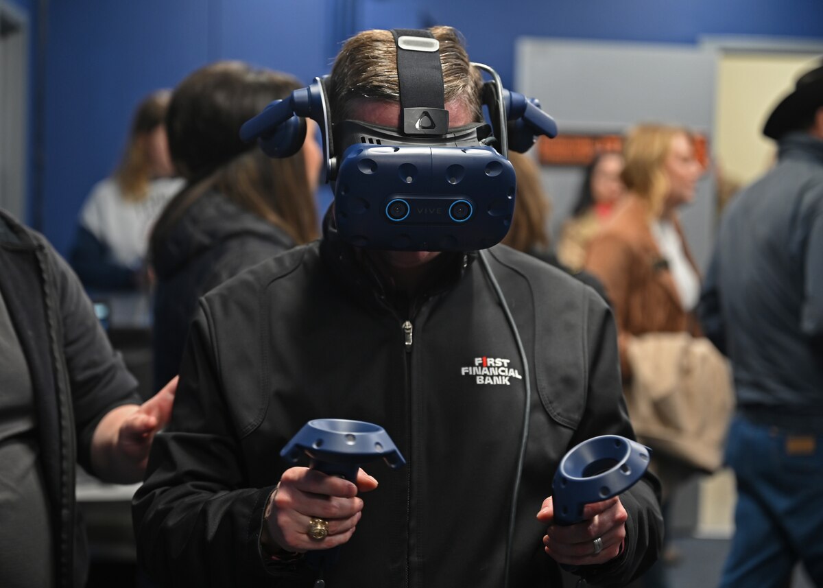 17th Training Wing Honorary Commander Scott Creecy uses an HTC Vive virtual reality headset at the 17th Training Support Squadron’s Instructional Technology Unit on Goodfellow Air Force Base, Texas, Jan. 25, 2023. Honorary commanders were immersed in the 17th Training Group and their training mission on Goodfellow. (U.S. Air Force photo by Senior Airman Ethan Sherwood)