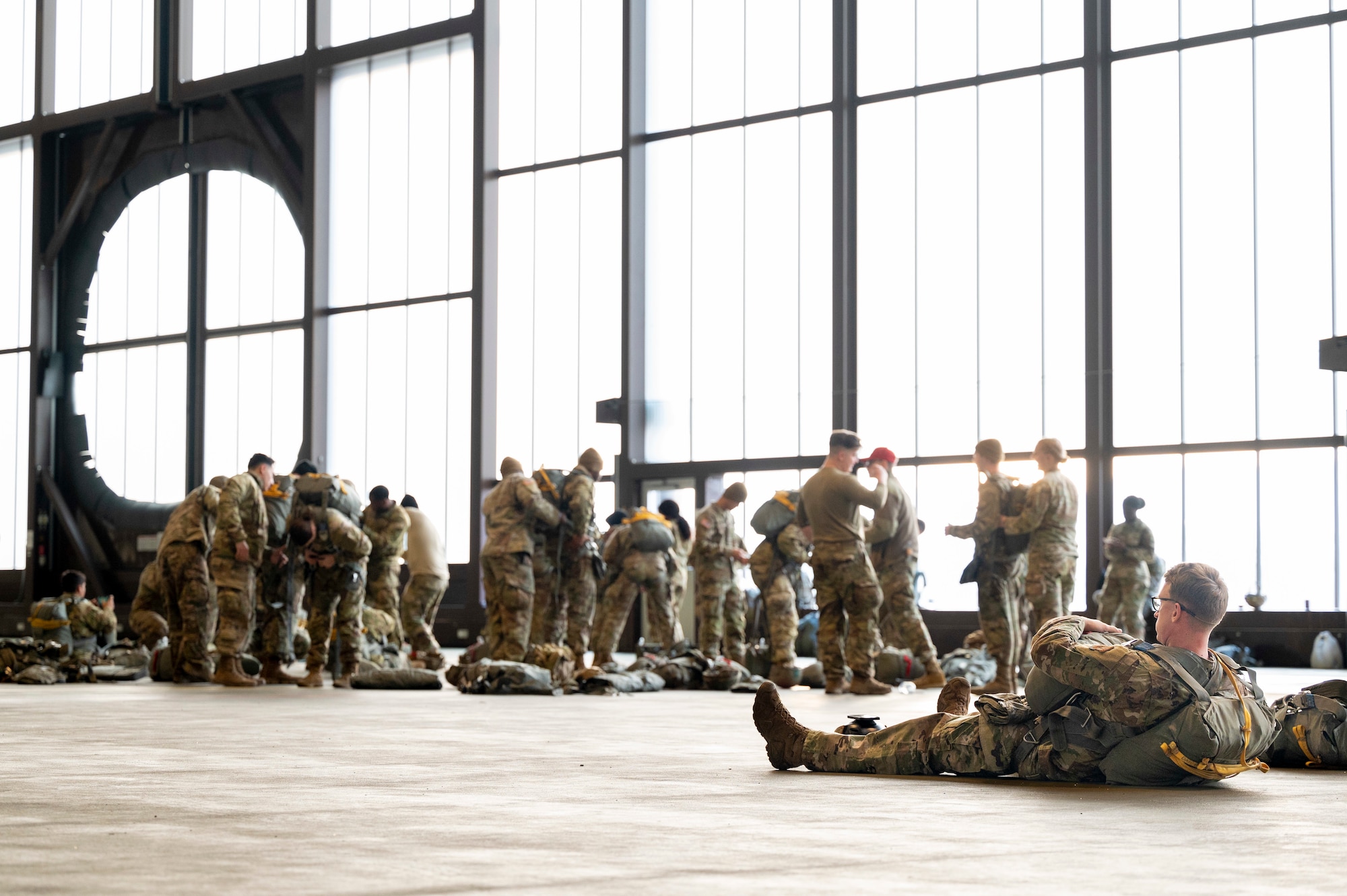 Airmen and Soldiers wait for static-line jump.