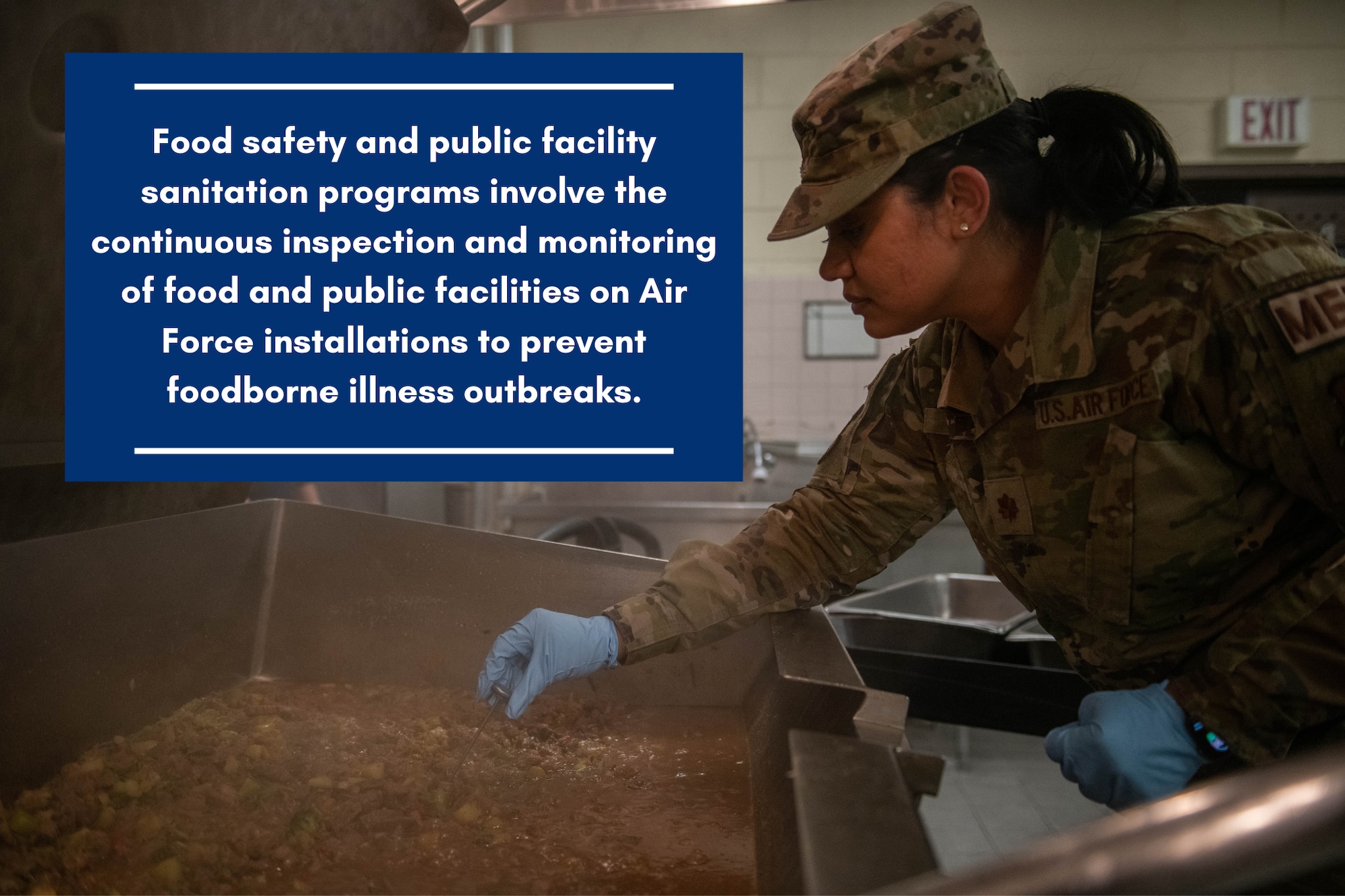 Dr. (Maj.) Tanviben Patel, 8th Operational Medical Readiness Squadron public health flight commander, inspects food at the dining facility on Kunsan Air Base, Republic of Korea, Jan. 24, 2023. Public health officers manage programs that focus on the following: food safety and public facility sanitation, disease surveillance and prevention, force health management and medical readiness, vector surveillance and entomology, and occupational and environmental health. (U.S. Air Force photo illustration by 1st Lt. Cameron Silver)