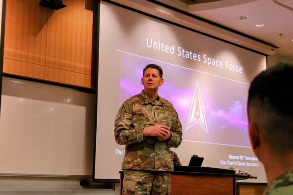 Vice Chief of Space Operations Gen. David D. Thompson speaks to cadets about the evolution and future of the U.S. Space Force, January 21, 2023, at an Air Force Reserve Officer Training Corps event hosted at Virginia Tech., Blacksburg, Va.