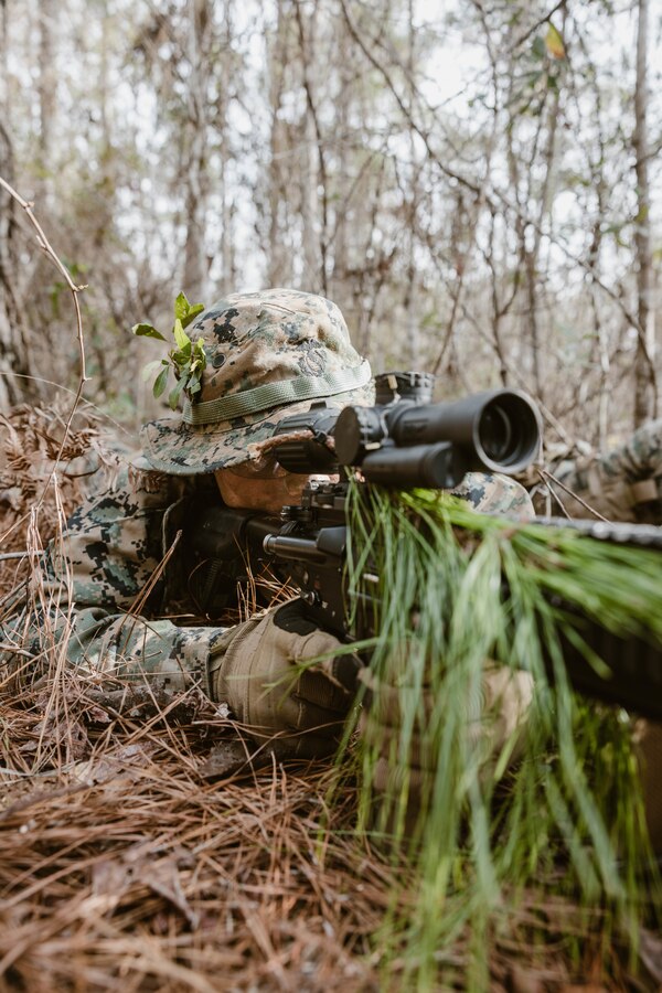 A U.S. Marine with 2d Light Armored Reconnaissance Battalion, 2d Marine Division, posts security during a scout course on Camp Lejeune, North Carolina, Jan. 19, 2023. The purpose of the scout course is to enhance lethality and increase long range weapon proficiency. (U.S. Marine Corps photo by Lance Cpl. Emma Gray)