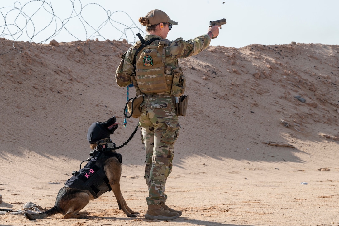 A dog watches intently as an airman fires a gun at a target.