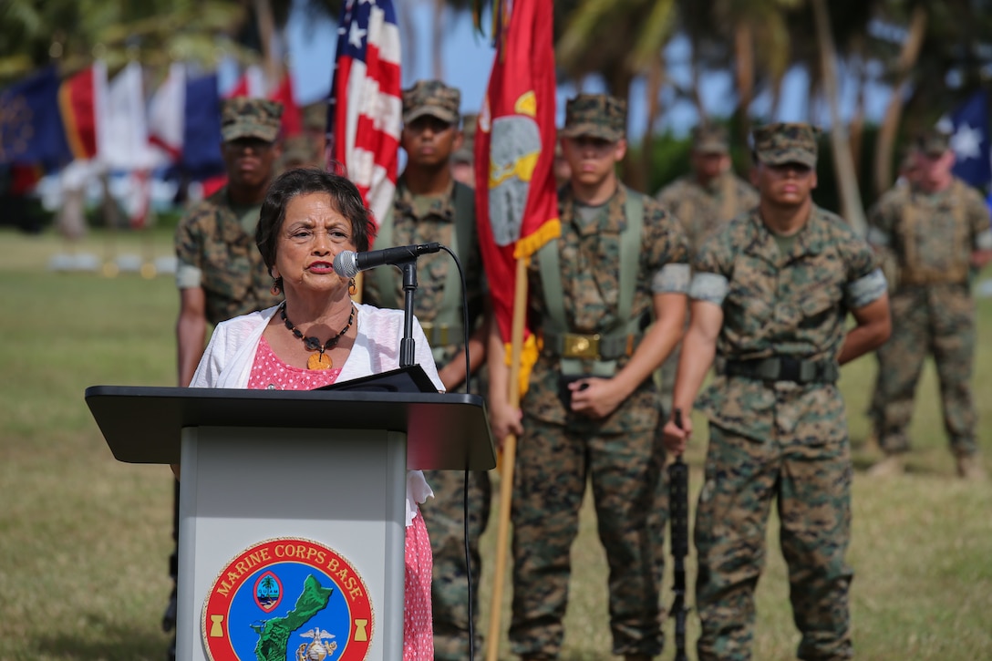 Governor of Guam Lou Leon Guerrero speaks during the Marine Corps Base (MCB) Camp Blaz Reactivation and Naming Ceremony at Asan Beach, Guam, Jan. 26, 2023. The Reactivation and Naming Ceremony officially recognized the activation and naming of Naval Support Activity, MCB Camp Blaz after Marine Barracks Guam was deactivated on Nov. 10, 1992. MCB Camp Blaz was administratively activated on October 1, 2020. It is the first newly constructed base for the Marine Corps since 1952 and will serve as an enduring symbol of the continued partnership between the Marine Corps and the Government of Guam, which has existed since the Spanish surrender to U.S. forces on June 21, 1898. (U.S. Marine Corps photo by Lance Cpl. Garrett Gillespie)