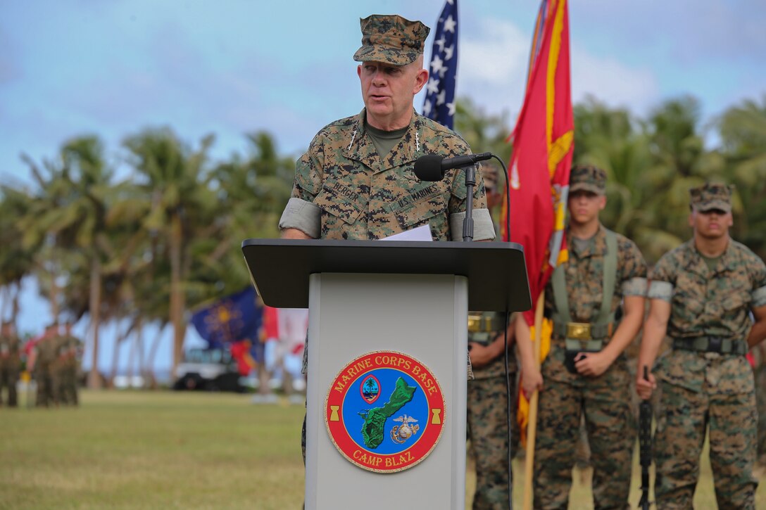 U.S. Marine Corps Gen. David H. Berger, the Commandant of the Marine Corps, speaks as a distinguished visitor at the Marine Corps Base (MCB) Camp Blaz Reactivation and Naming Ceremony at Asan Beach, Guam, Jan. 26, 2023. The Reactivation and Naming Ceremony officially recognized the activation and naming of Naval Support Activity, MCB Camp Blaz after Marine Barracks Guam was deactivated on Nov. 10, 1992. The base is currently under construction and is named after the late Brig. Gen. Vicente “Ben” Thomas Garrido Blaz, the first CHamoru Marine to attain the rank of general officer. MCB Camp Blaz will play an essential role in strengthening the Department of Defense’s ability to deter and defend while securing a Marine Corps posture in the Indo-Pacific region that is geographically distributed and operationally resilient. (U.S. Marine Corps photo by Lance Cpl. Garrett Gillespie)