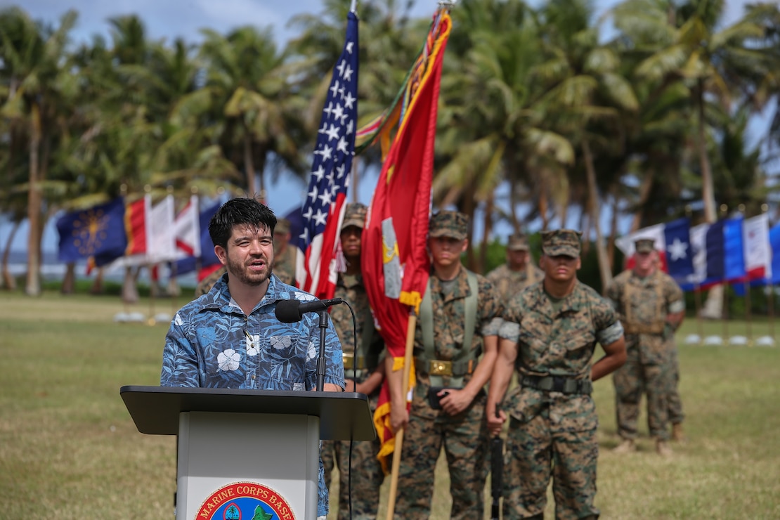 Vince Blaz, grandson of retired Brig. Gen. Vicente “Ben” Thomas Garrido Blaz, speaks at the Marine Corps Base (MCB) Camp Blaz Reactivation and Naming Ceremony at Asan Beach, Guam, Jan. 25, 2023. The Reactivation and Naming Ceremony officially recognized the activation and naming of Naval Support Activity, MCB Camp Blaz after Marine Barracks Guam was deactivated on Nov. 10, 1992. The base is currently under construction and is named after the late Brig. Gen. Vicente “Ben” Thomas Garrido Blaz, the first CHamoru Marine to attain the rank of general officer. MCB Camp Blaz will play an essential role in strengthening the Department of Defense’s ability to deter and defend while securing a Marine Corps posture in the Indo-Pacific region that is geographically distributed and operationally resilient. (U.S. Marine Corps photo by Lance Cpl. Garrett Gillespie)