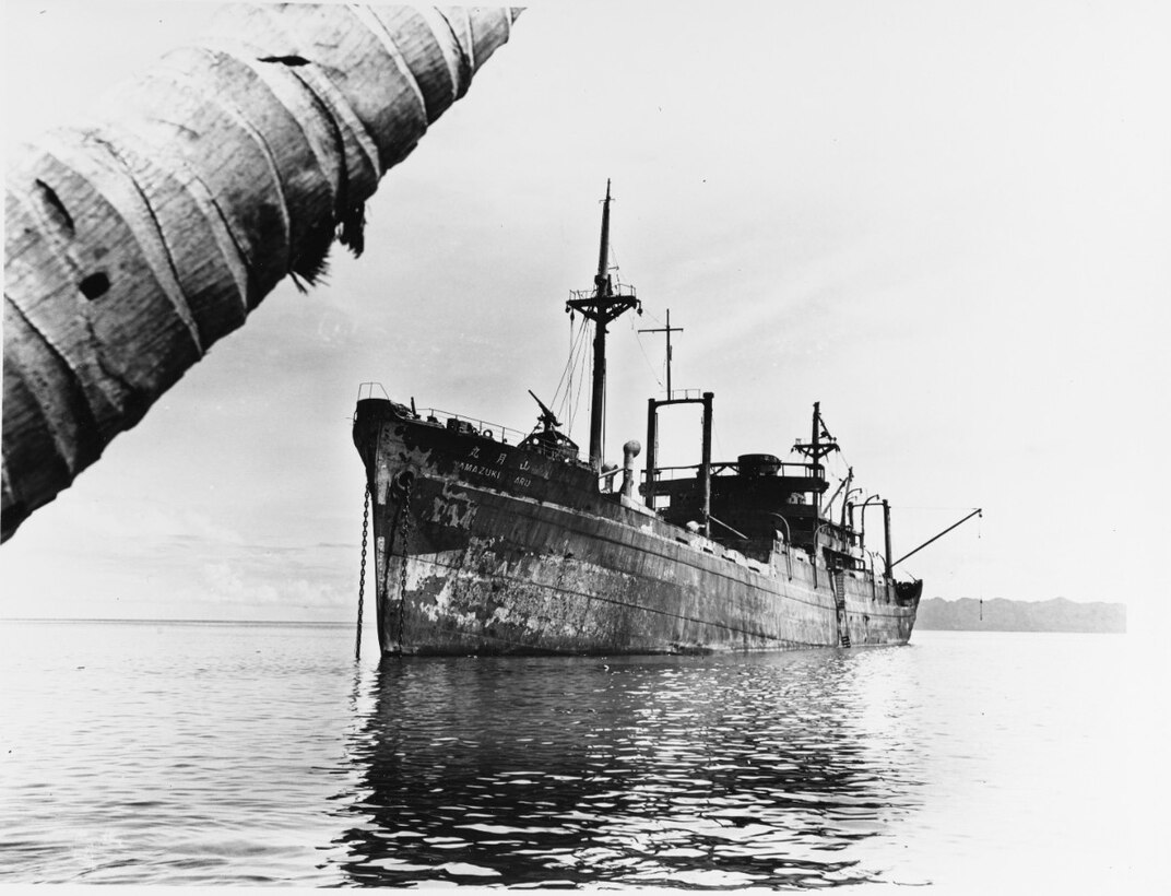 Japanese cargo ship Yamazuki Maru beached and burned out on Guadalcanal, February 15, 1943. (USMC 53412)