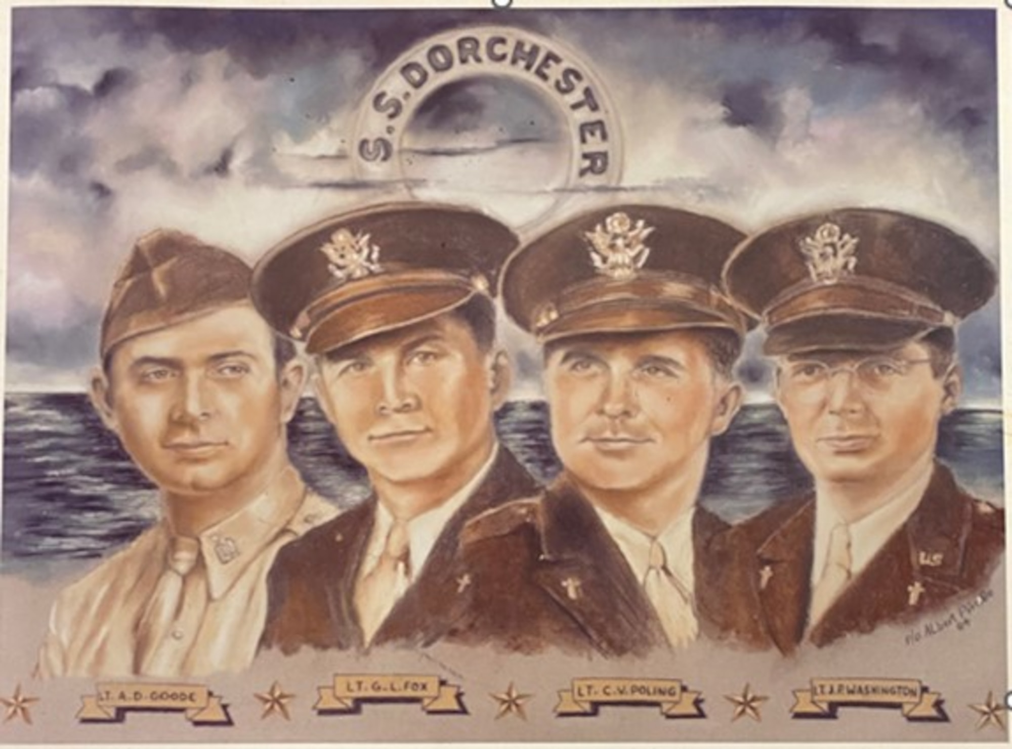 This graphic of portraits of U.S. Army chaplains, Lt. George Fox, a Methodist minister; Lt. Alexander Goode, a Jewish rabbi; Lt. John Washington, a Roman Catholic priest; and Lt. Clark Poling, a Dutch Reformed minister.