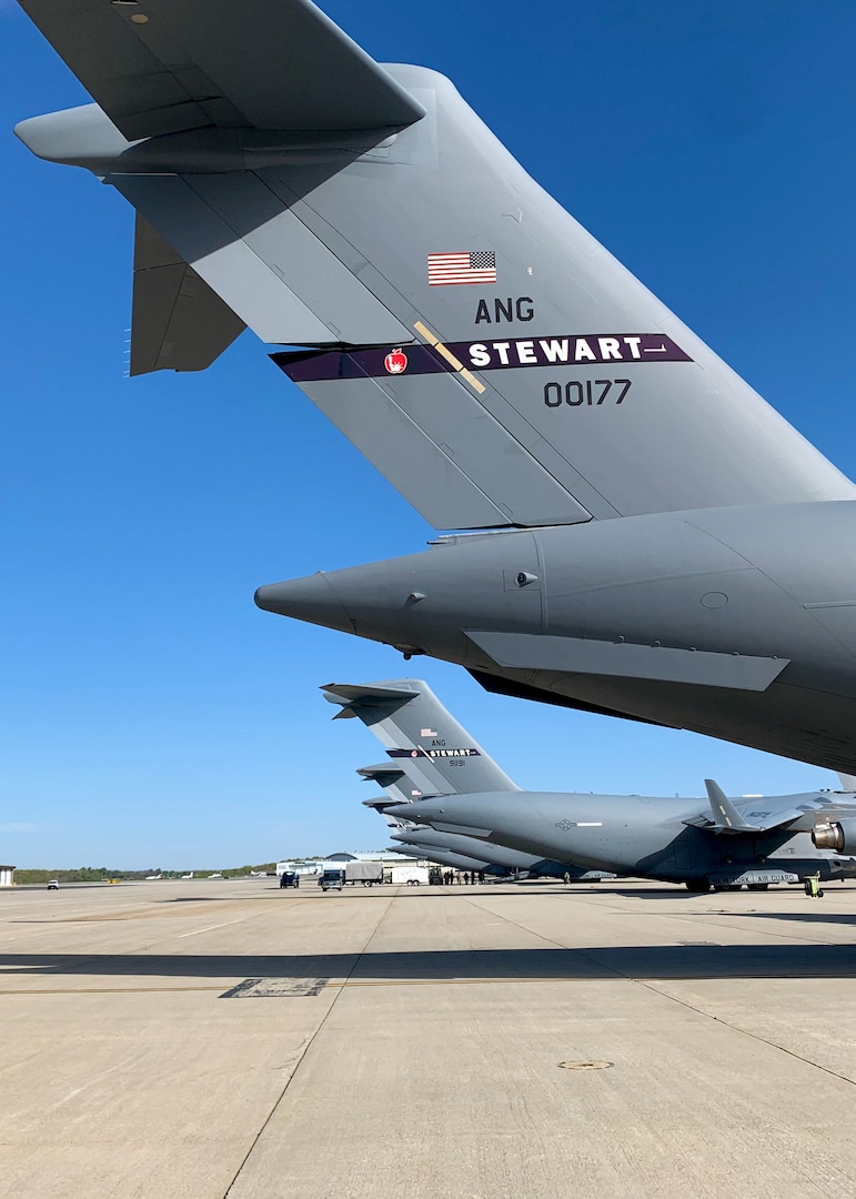 C-17 Globemaster III parked on the tarmac at Stewart Air National Guard Base, Newburgh, New York, May 2, 2021. For the second consecutive year, the 105th Airlift Wing was recognized with the Meritorious Unit Award.