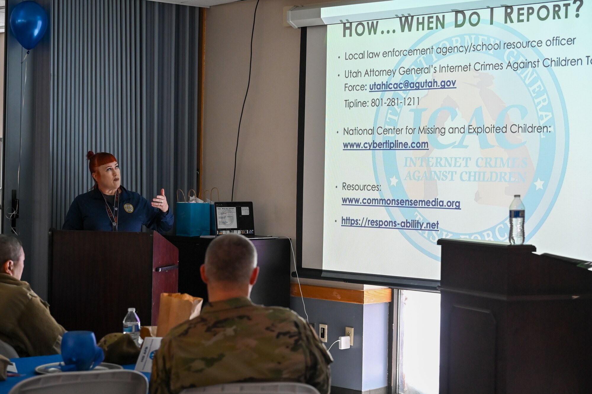 Education specialist Michelle Busch-Upwall, assigned to the Internet Crimes Against Children Task Force with the Utah Attorney General’s Office, speaks at the Sexual Assault Prevention & Response Combating Trafficking in Persons event Jan. 24, 2023, at Hill Air Force Base, Utah.