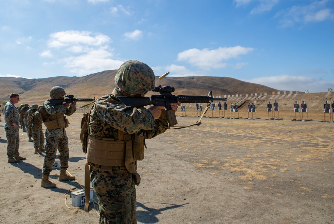 U.S. Marines with 1st Radio Battalion, I Marine Expeditionary Force Information Group, participate in an annual rifle qualification on Marine Corps Base Camp Pendleton, California, July 8, 2022. The multi-day training evolution ensures the Marines are proficient in fundamentals of combat marksmanship. (U.S. Marine Corps photo by Lance Cpl. Macie Ross)