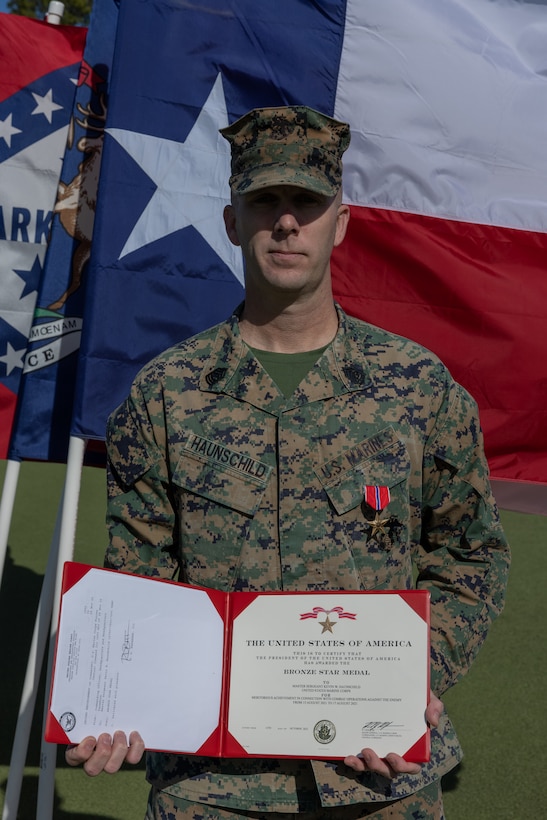 Haunschild was awarded the Bronze Star for his heroic actions in support of the Afghanistan noncombatant evacuation during Operation Freedom’s Sentinel. Operation Freedom’s Sentinel was the continuation of the war in Afghanistan as part of the larger global war on terrorism. He served as the Marine air-traffic control mobile-team leader with Marine Medium Tiltrotor Squadron (VMM) 162 (Reinforced), 24th Marine Expeditionary Unit. (U.S. Marine Corps photo by Lance Cpl. Anakin Smith)