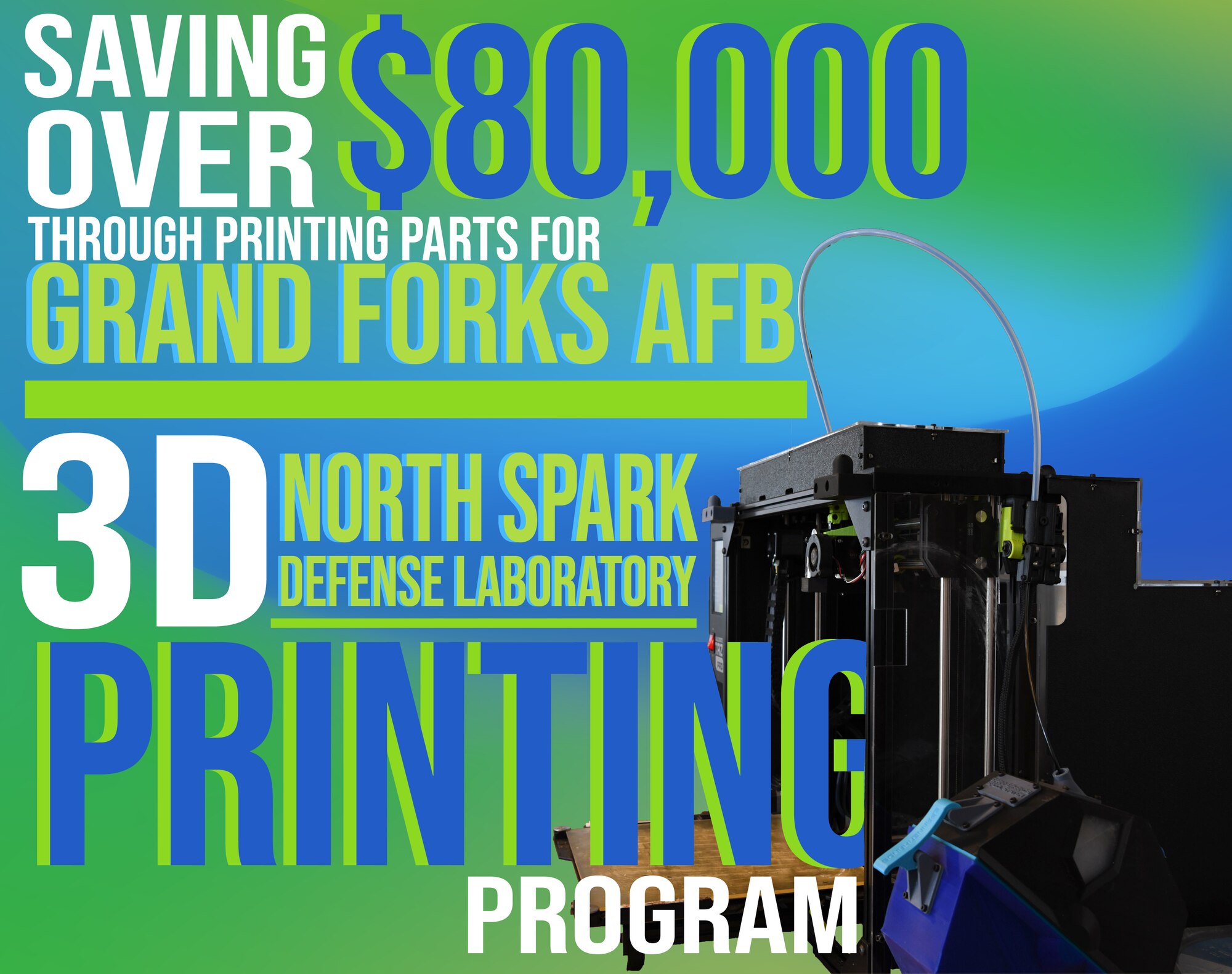 A blue and green graphic with a 3D printer that says "saving over $80,000 through printing parts for grand Forks AFB. North Spark Defense Laboratory 3D Printing Program."