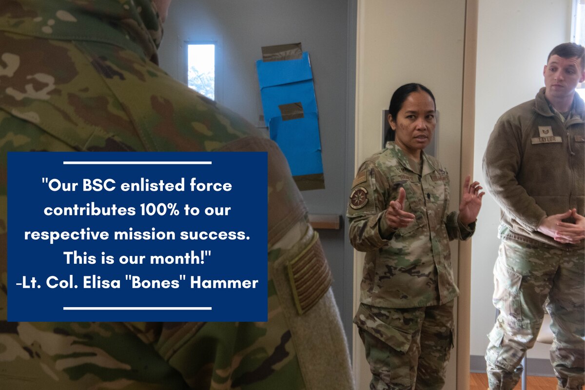 Lt. Col. Elisa “Bones” Hammer, 8th Operational Medical Readiness Squadron commander, checks in on a group of Airmen from the bio-environmental engineering (BEE) flight at Kunsan Air Base, Republic of Korea, Jan. 25, 2023. Hammer is a BEE officer by trade and now leads one of the two squadrons containing biomedical service corps personnel at the 8th Fighter Wing. (U.S. Air Force photo illustration by 1st Lt. Cameron Silver)