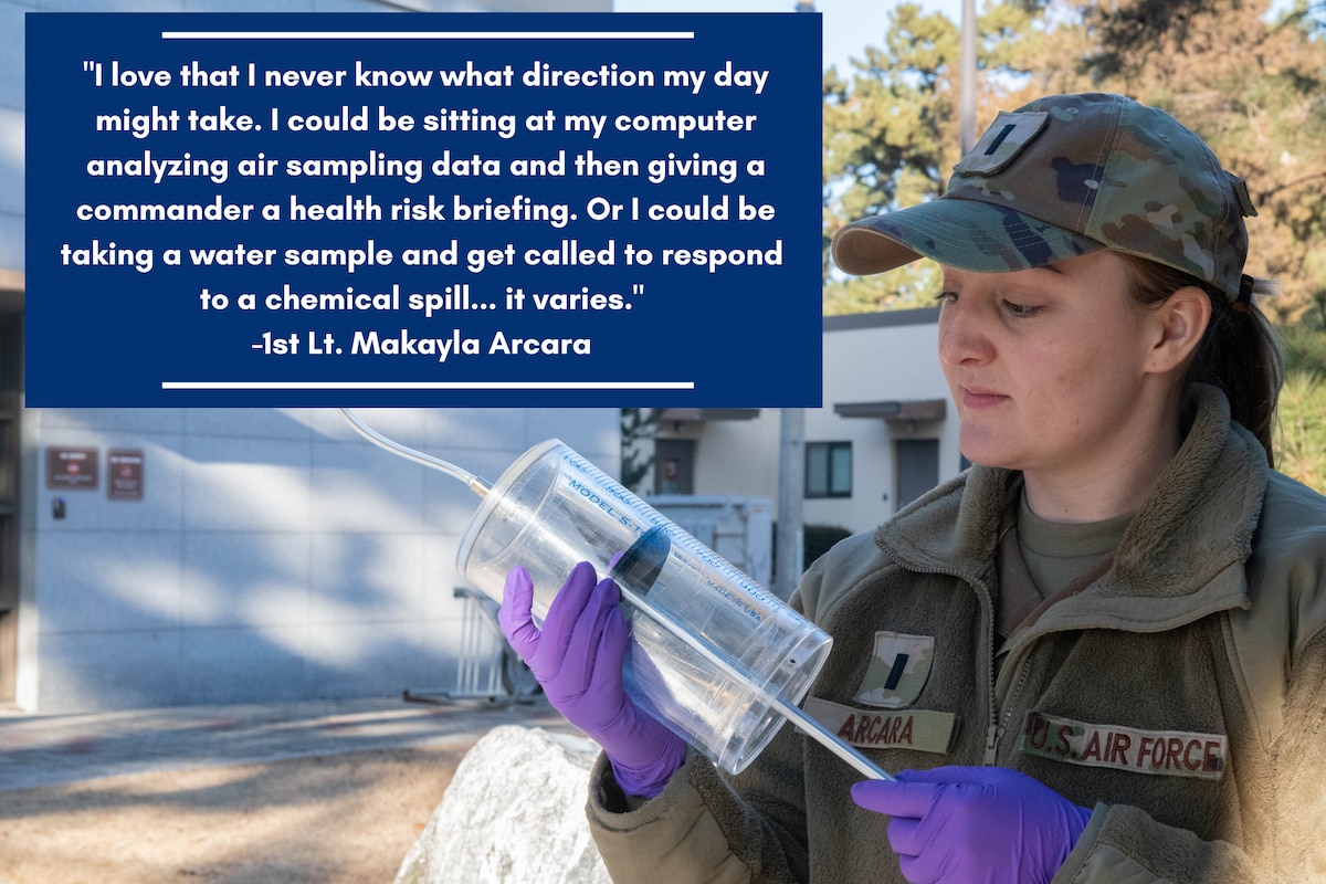 1st Lt. Makayla Arcara, 8th Operational Medical Readiness Squadron officer in charge of bioenvironmental engineering officer in charge, takes an air sample at Kunsan Air Base, Republic of Korea, Jan. 25, 2023. Members of the Air Force bioenvironmental engineering career field work to ensure healthy and safe working conditions for Airmen through the management and monitoring of various programs such as industrial hygiene, radiological health and environmental protection. (U.S. Air Force photo illustration by 1st Lt. Cameron Silver)