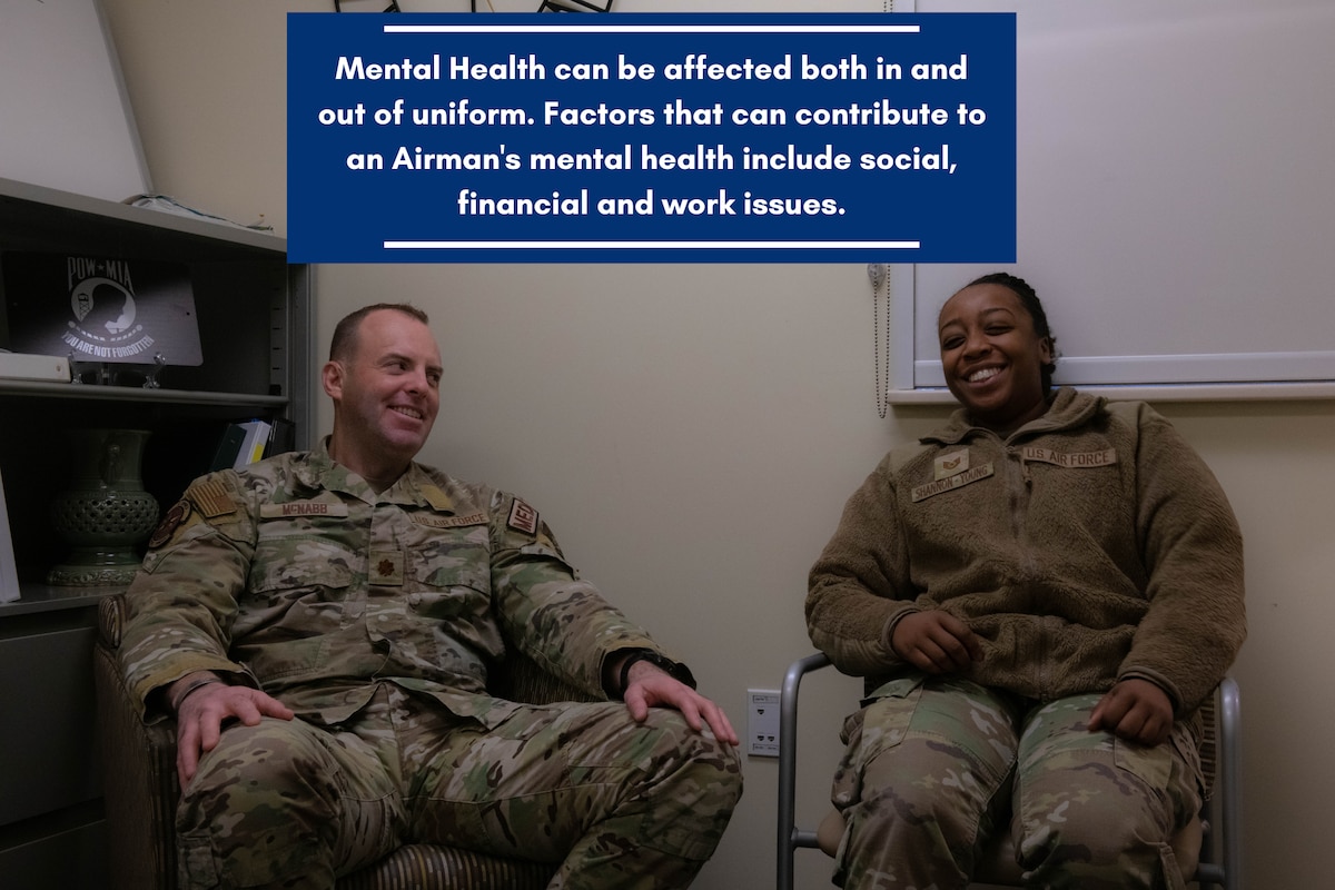 Maj. Brock McNabb (left), 8th Operational Medical Readiness Squadron (OMRS) mental health flight commander, laughs with Tech. Sgt. Martina Shannon-Young, 8th OMRS mental health technician, at Kunsan Air Base, Republic of Korea, Jan. 25, 2023. The mental health clinic is made up of both officers and enlisted personnel, who can teach and treat patients under their commissioned counterparts’ licenses. (U.S. Air Force photo illustration by 1st Lt. Cameron Silver)