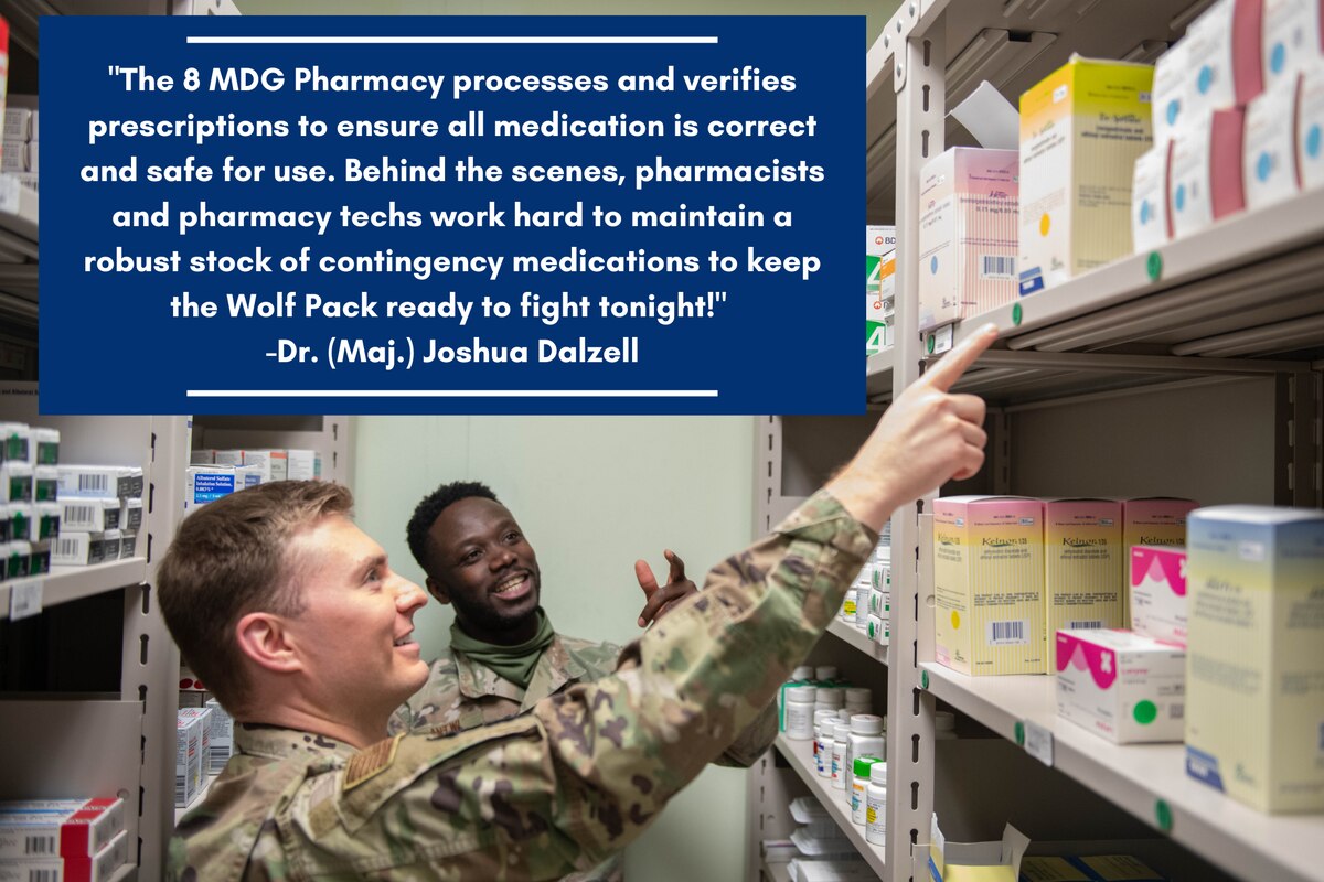 Dr. (Maj.) Joshua Dalzell (left), 8th Healthcare Operations Squadron (HCOS) pharmacist, assists Staff Sgt. Vincent Antwi, 8th HCOS pharmacy technician, in taking inventory at Kunsan Air Base, Republic of Korea, Jan. 25, 2023. Beyond the initial distribution of medication, the pharmacy’s mission is comprised of several programs such as walk-in treatment for acute issues expedited by a pharmacist after a brief visit, smoking cessation and assisting Airmen with translating and filling prescriptions from off-base providers. (U.S. Air Force photo illustration by 1st Lt. Cameron Silver)
